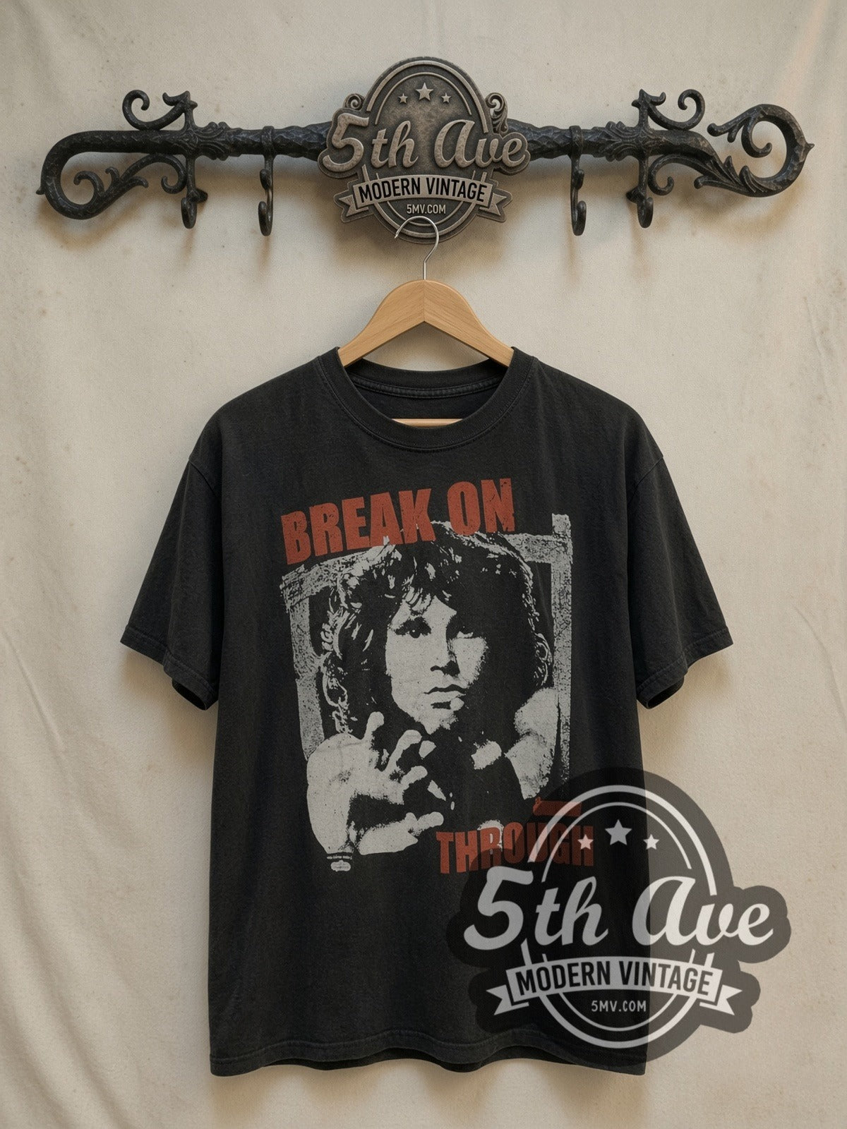 The Doors Break On Through / Jim Morrison vintage band t-shirt, front view on a display rack