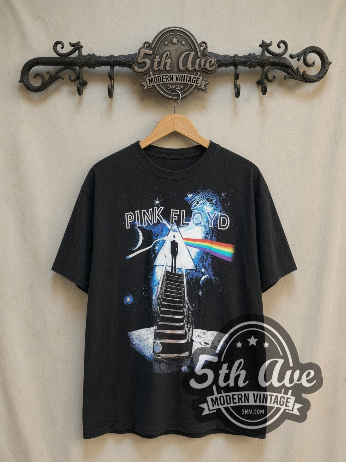 Pink Floyd Stairway Pyramid Moon Spectrum vintage band t-shirt, front view on the 5MV rack