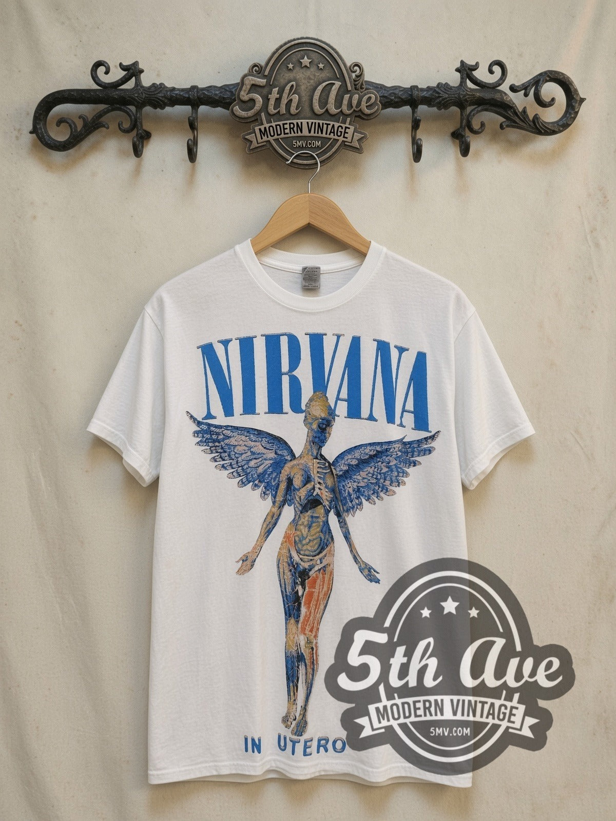 Nirvana In Utero Blue Logo Angel White vintage band t-shirt in white, front view on the 5MV rack