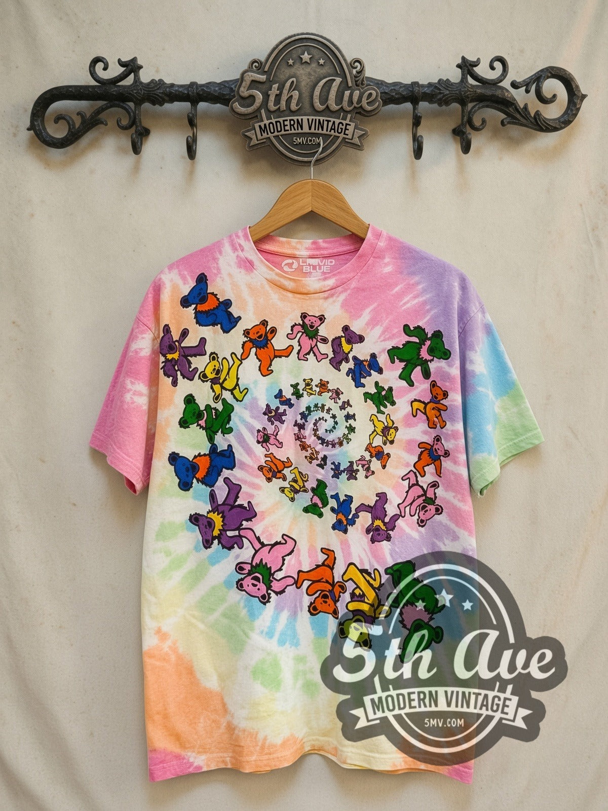 Grateful Dead Spiral Bear Tie Dye vintage band t-shirt, front view on the 5MV rack