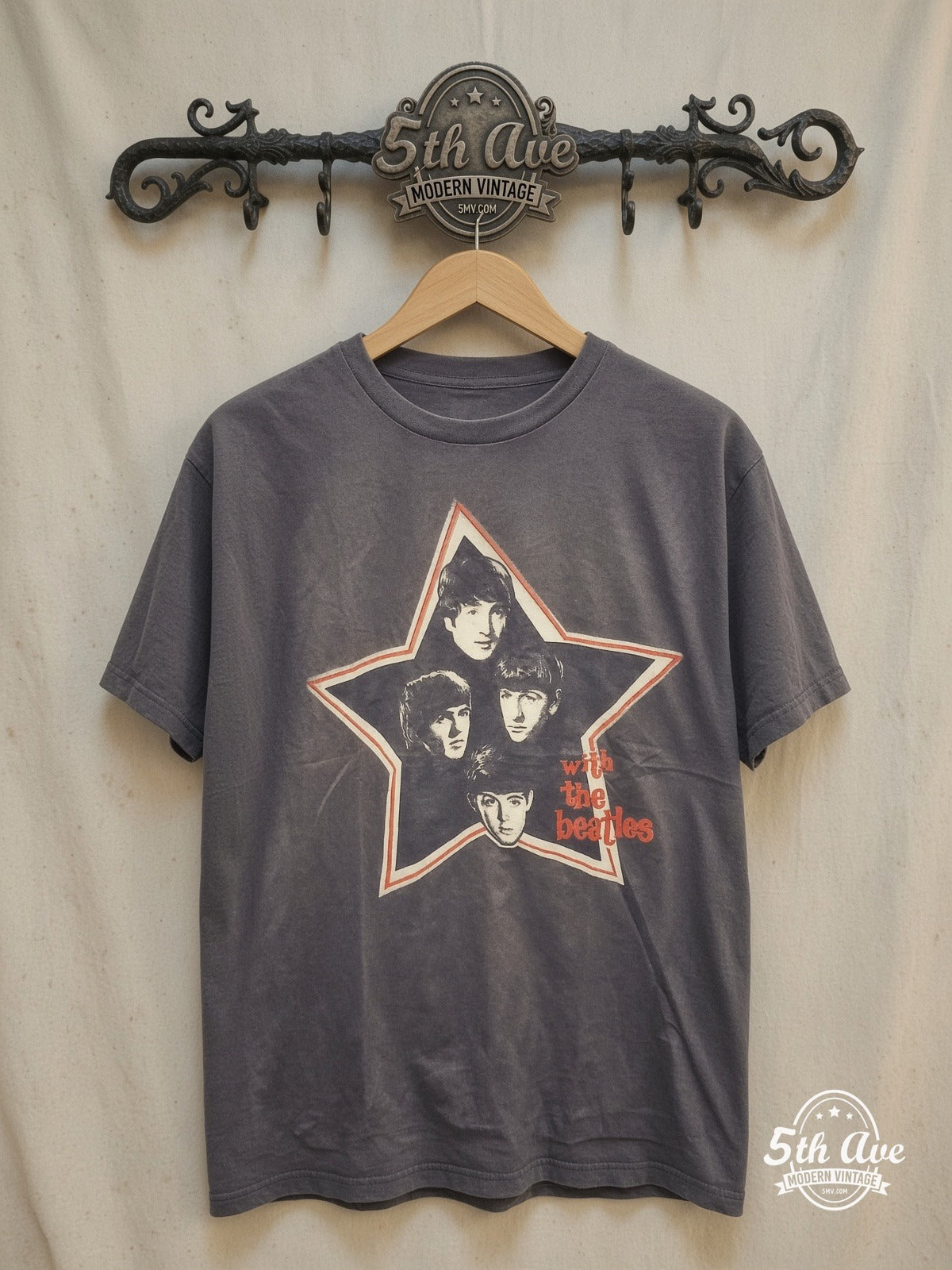 The Beatles – With The Beatles Star Portraits – Vintage Band T-Shirt — front on locked cream ornate 5th Ave rack