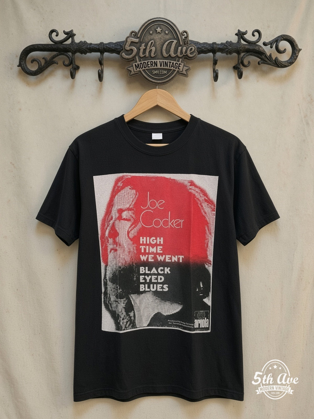 Joe Cocker – High Time We Went – Vintage Band T-Shirt — front on locked cream ornate 5th Ave rack