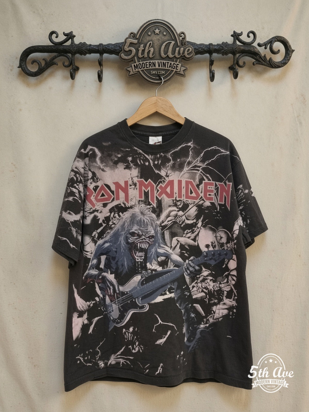 Iron Maiden – Eddie Overprint – Vintage Band T-Shirt — front on locked cream ornate 5th Ave rack