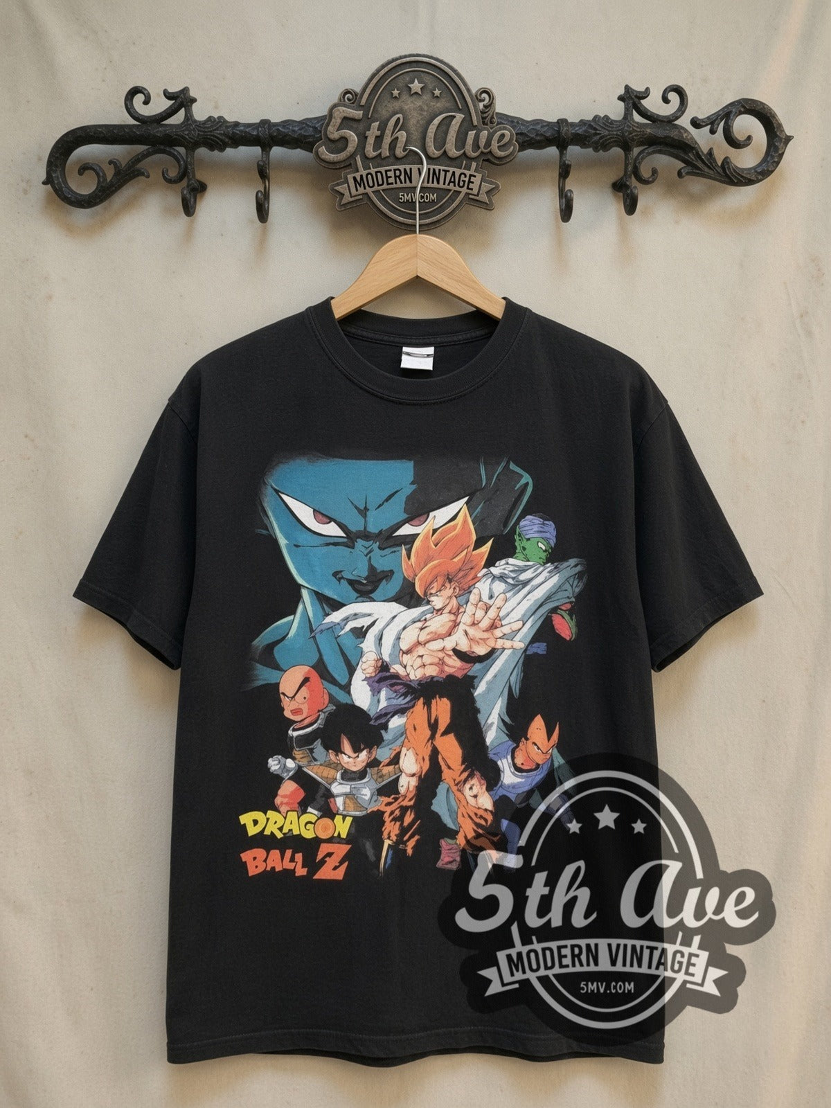 Dragon Ball Z Super Saiyan Characters vintage graphic t-shirt, front view on a display rack