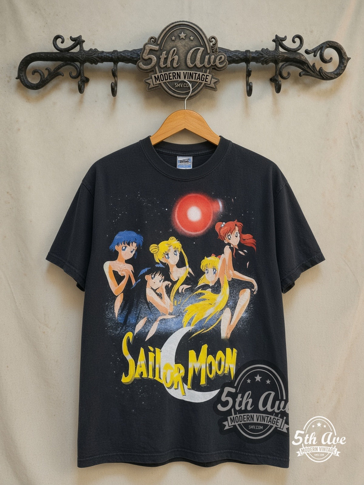 Sailor Moon – Five Sailor Guardians Transform – New Vintage Anime Tee — front on locked cream ornate 5th Ave rack