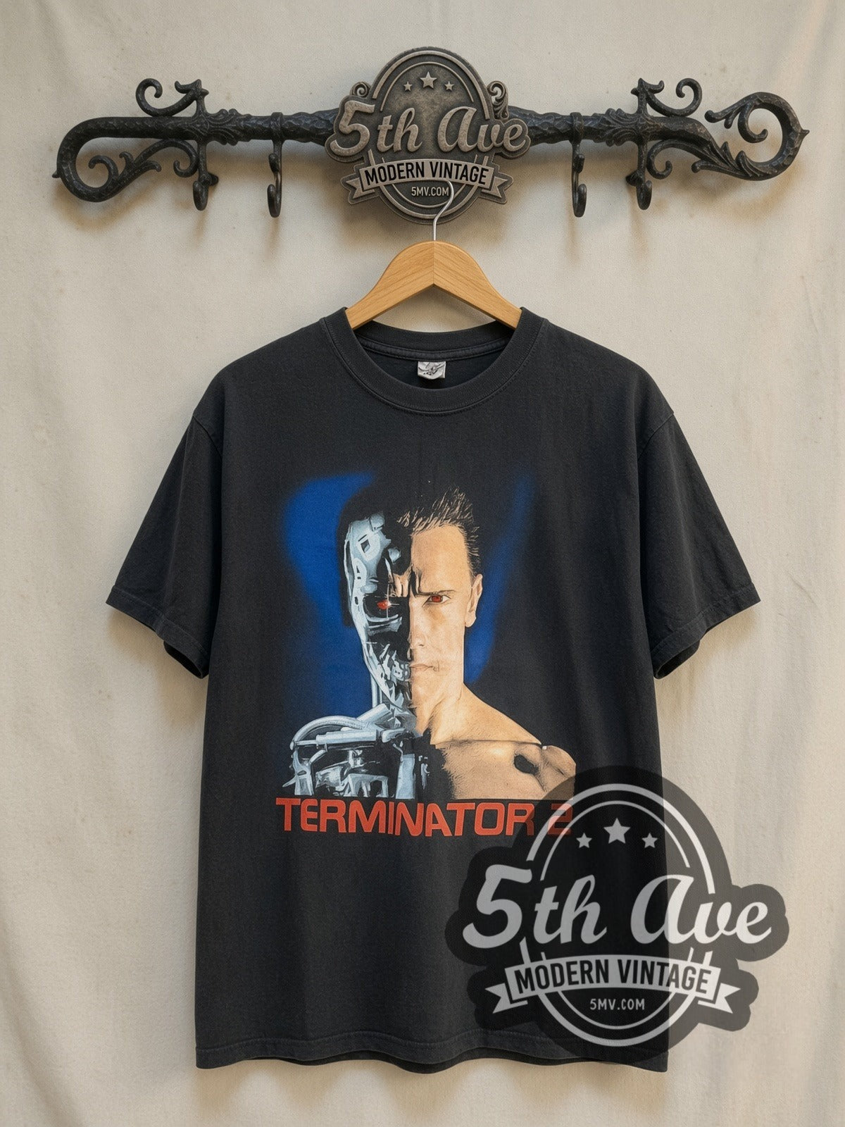 Terminator 2 Judgment Day vintage movie t-shirt, front view on the 5MV rack