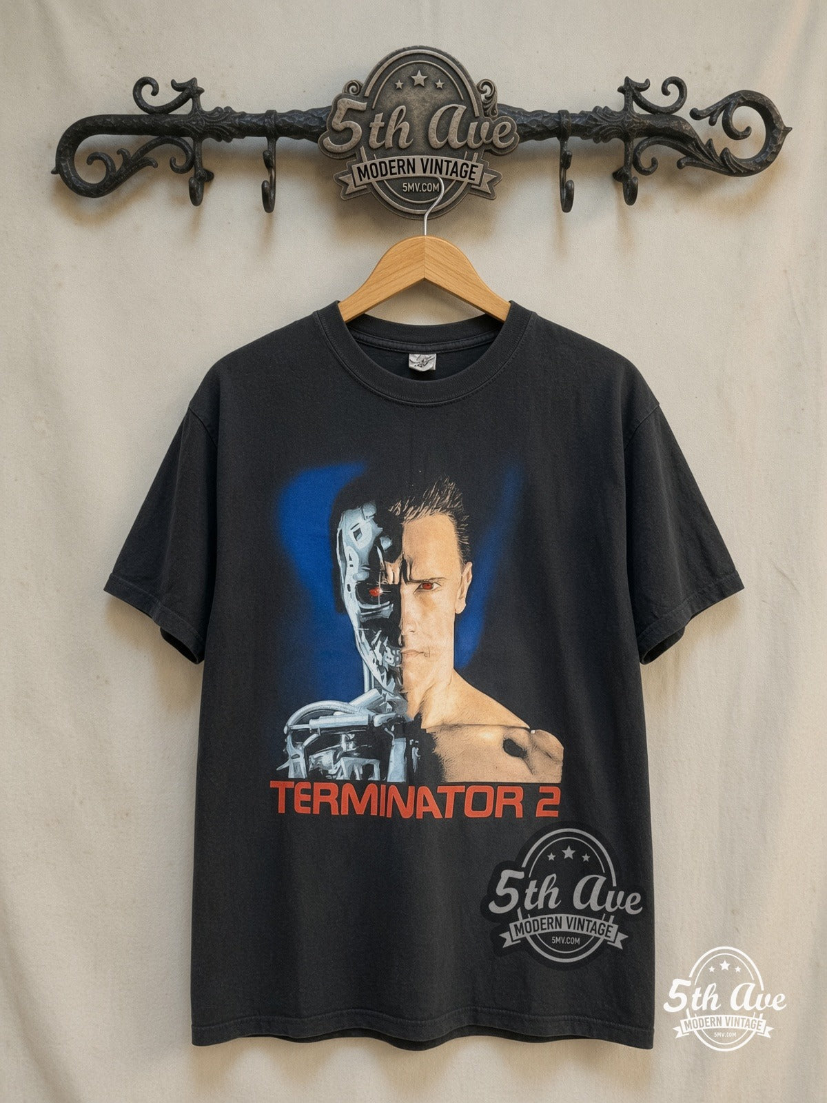 Terminator 2 – Judgment Day – Vintage Movie Tee — front on locked cream ornate 5th Ave rack