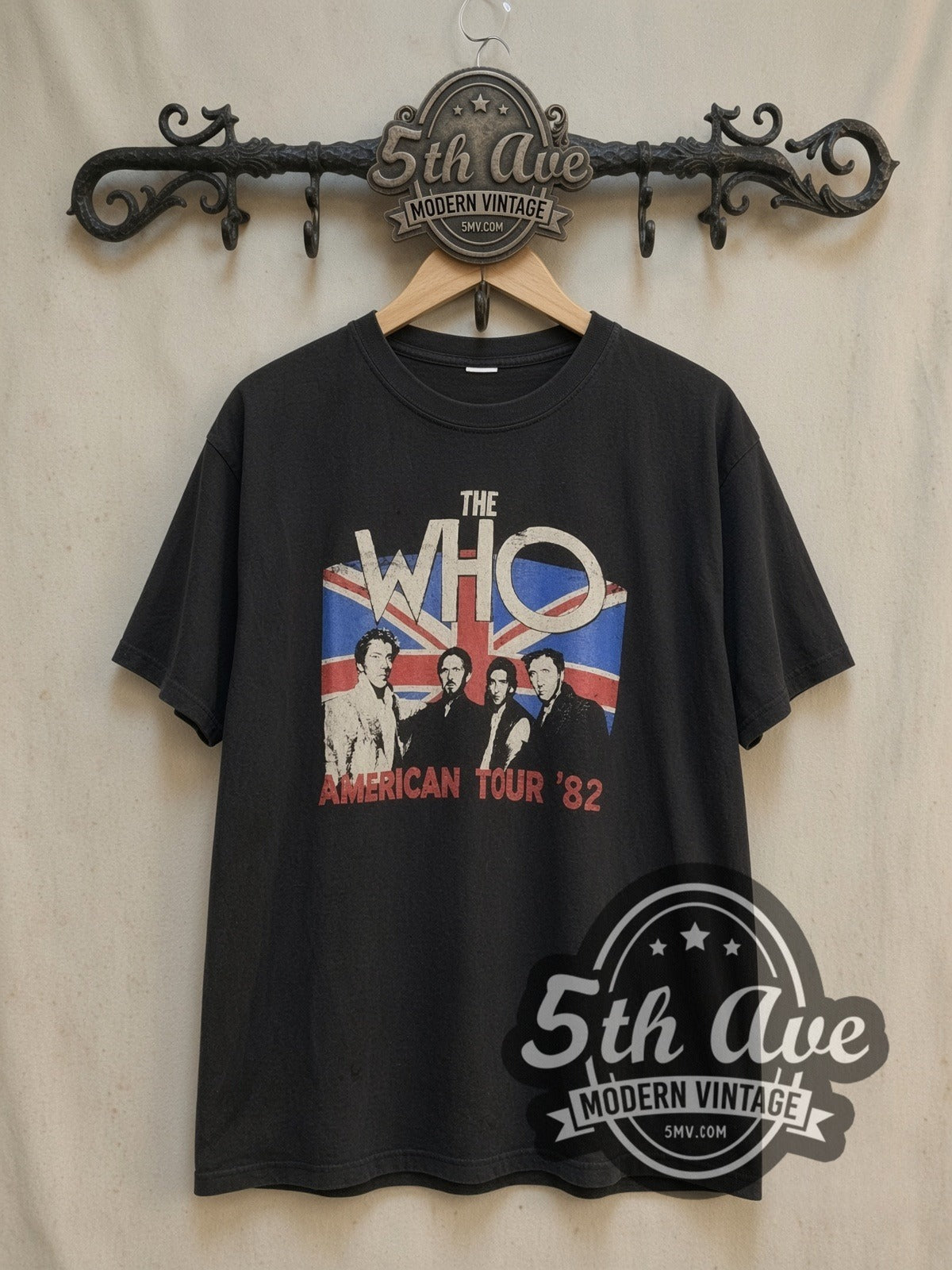 The Who American Tour 1982 vintage band t-shirt, front view on a display rack