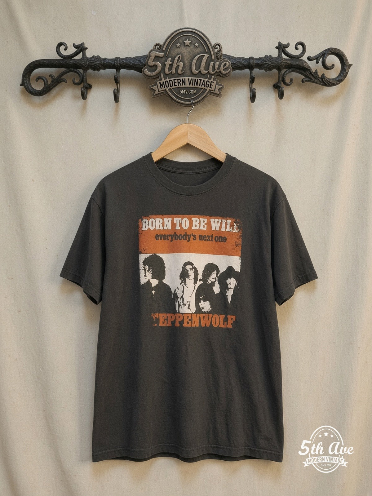 Steppenwolf 100% Cotton New Vintage Band T-Shirt – Vintage Band T-Shirt — front on locked cream ornate 5th Ave rack