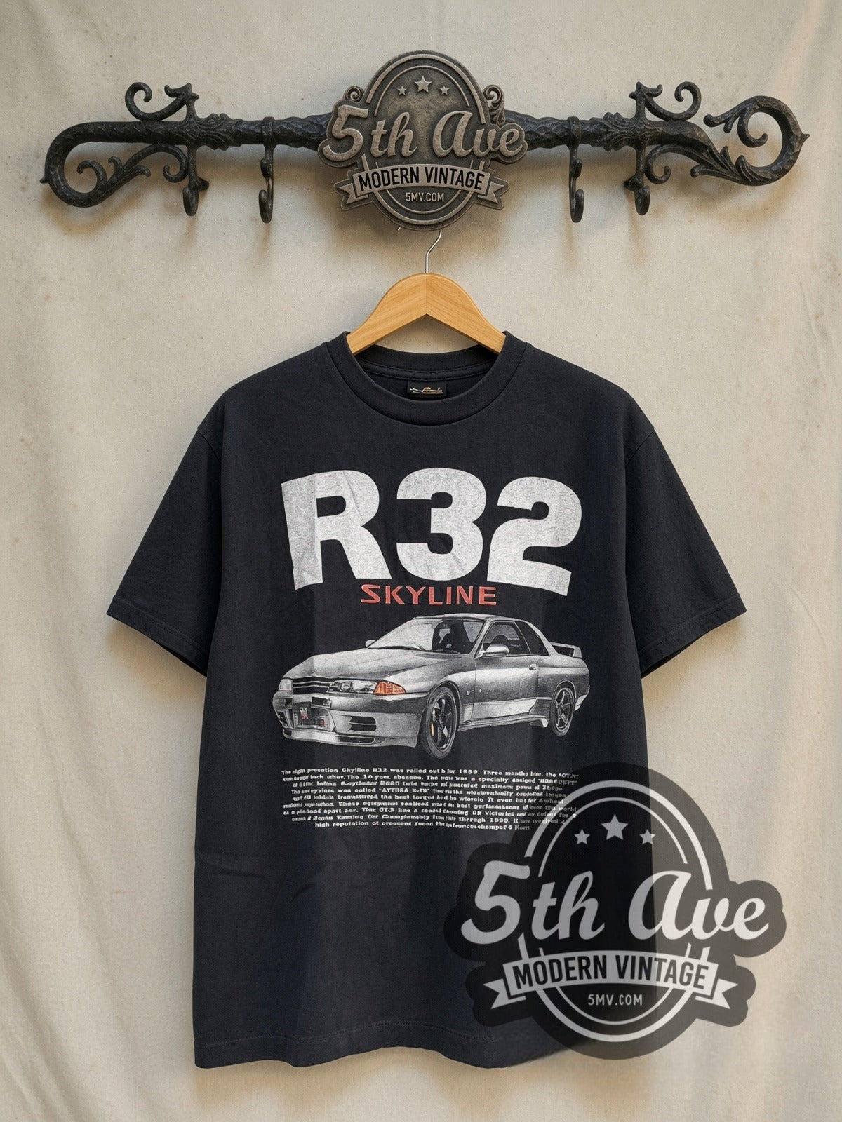 Nissan Skyline R32 vintage racing tee in black, front view on the 5MV rack