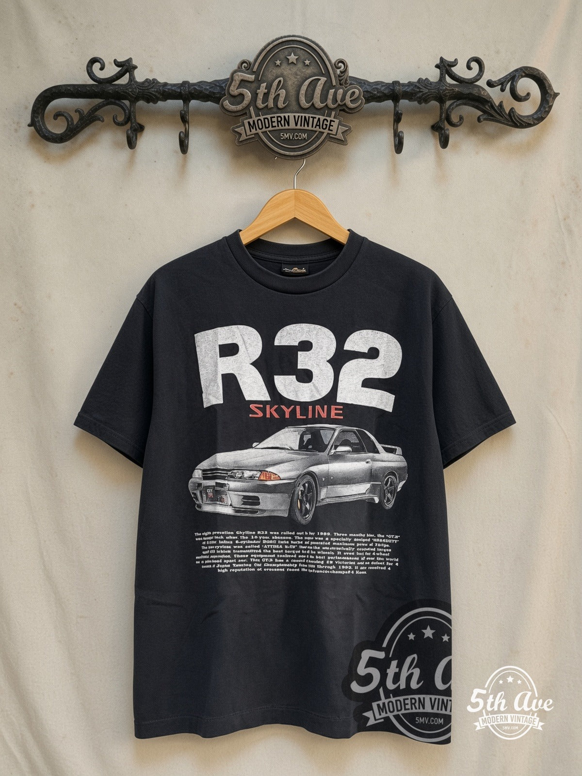 Nissan Skyline – R32 – Vintage Graphic Tee — front on locked cream ornate 5th Ave rack