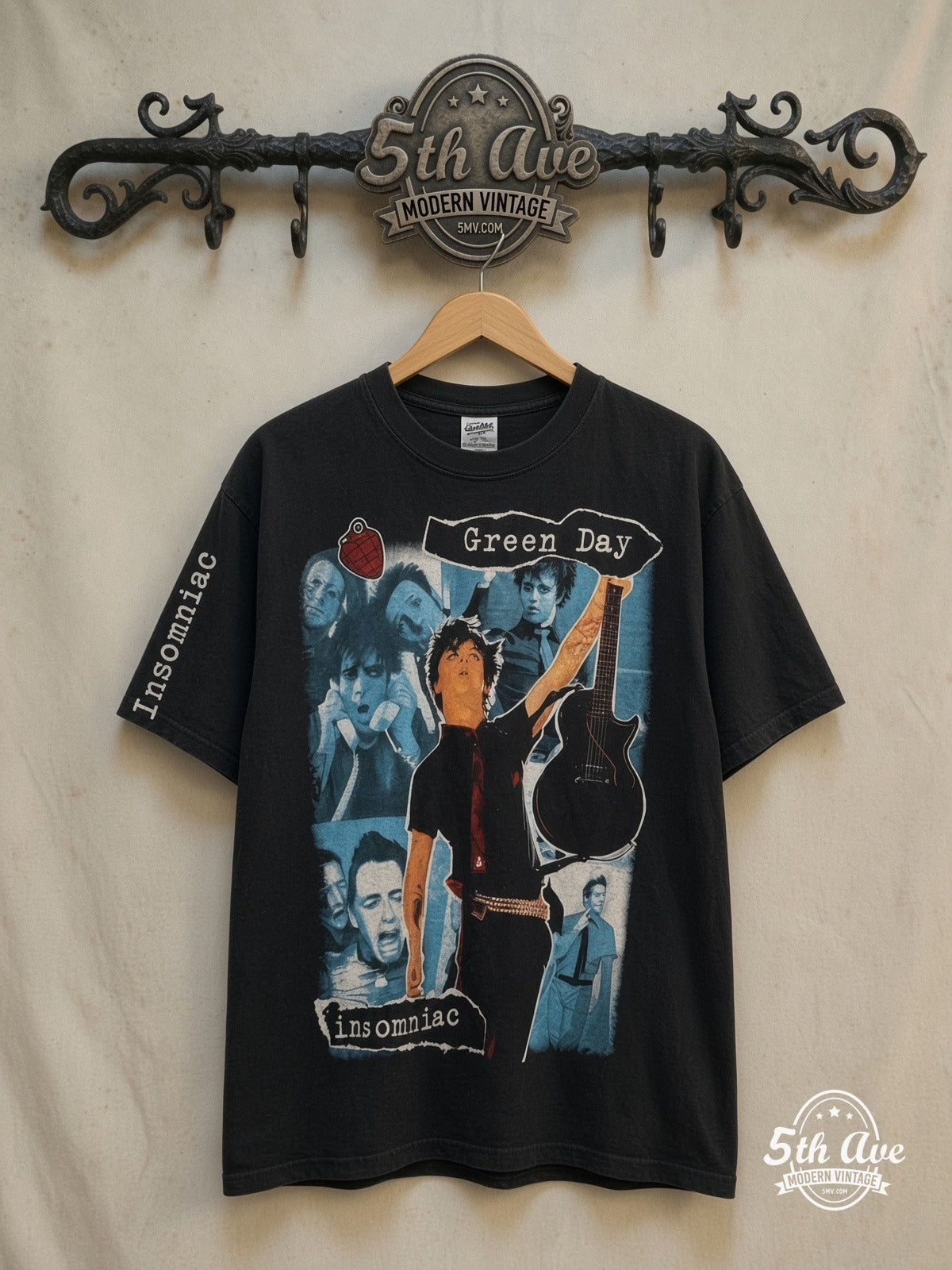 Green Day Long Sleeve T-Shirt — front on locked cream ornate 5th Ave rack