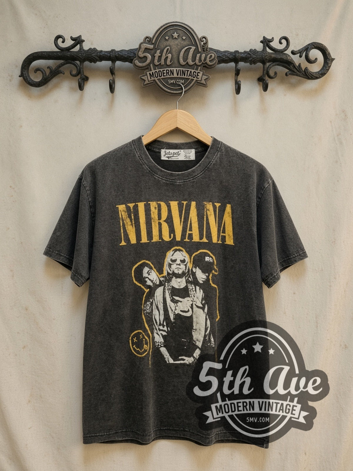 Nirvana Yellow Logo Smiley Band Photo vintage band t-shirt, front view on the 5MV rack