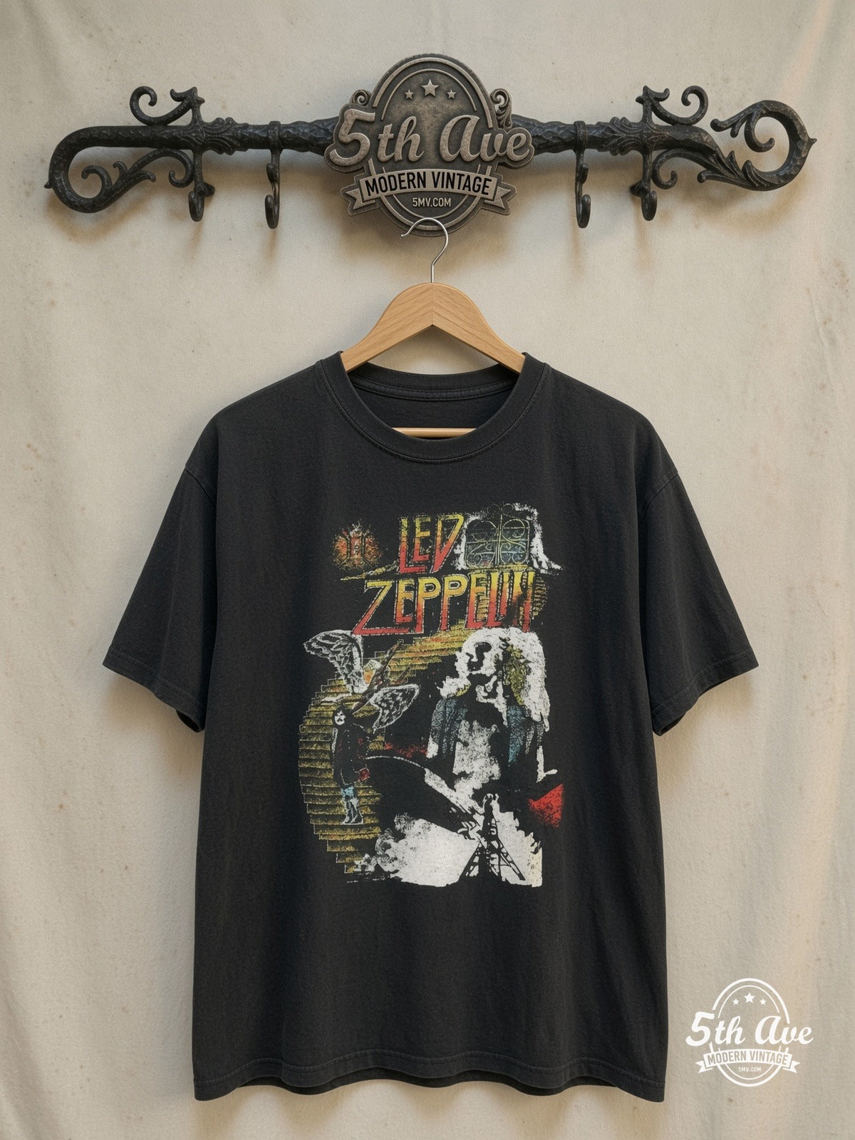 Led Zeppelin – North American Tour 1971 – Vintage Band T-Shirt — front on locked cream ornate 5th Ave rack