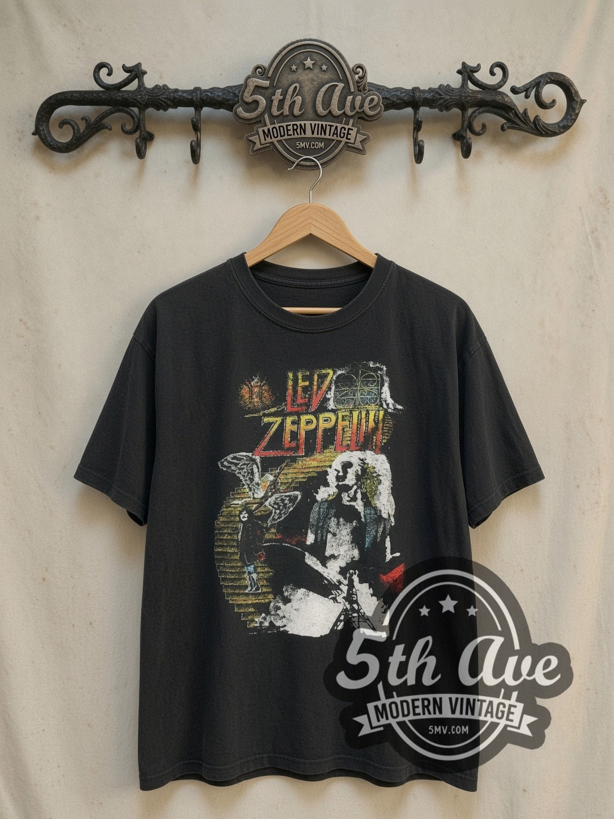 Led Zeppelin North American Tour 1971 vintage band t-shirt, front view on a display rack