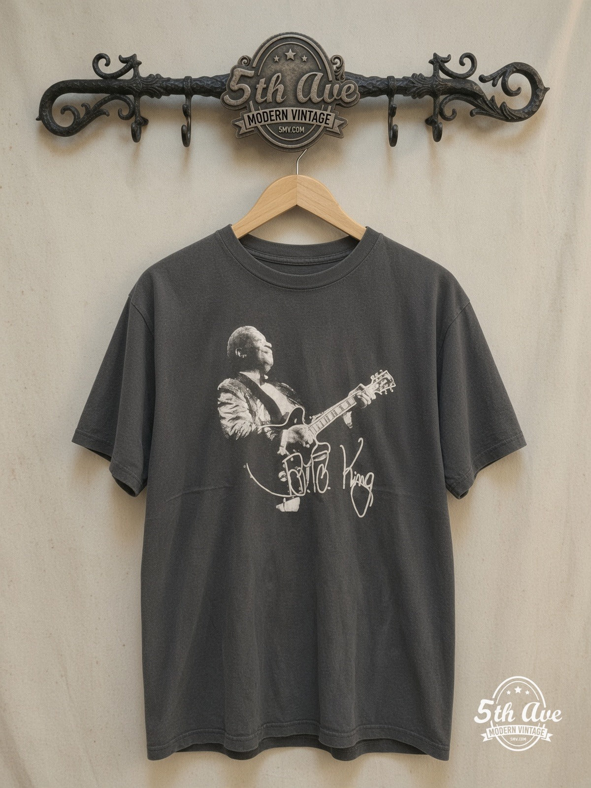 Sonic Reverie: BB King's Legendary Guitarist Tribute t shirt – Vintage Band T-Shirt — front on locked cream ornate 5th Ave rack