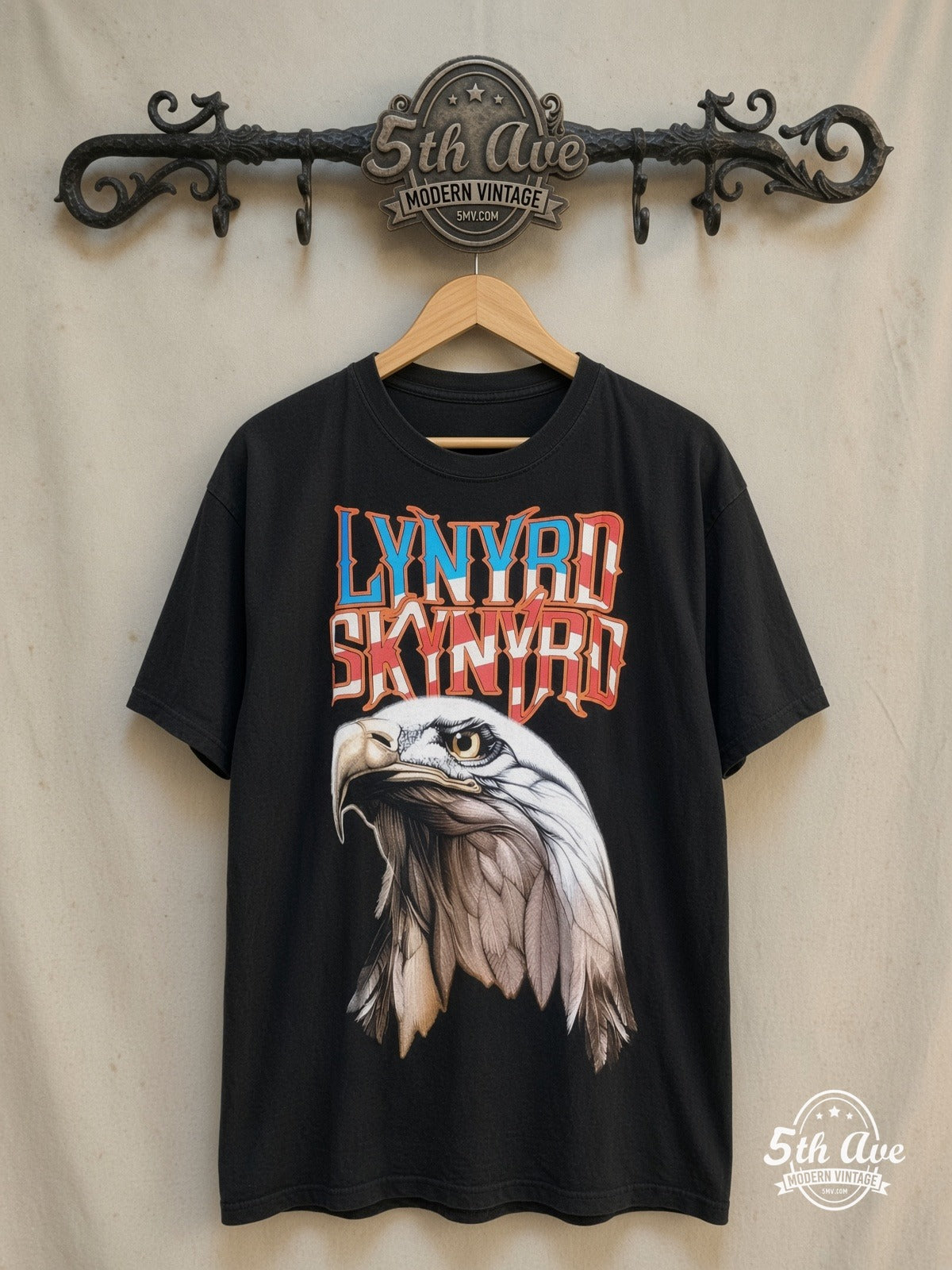Lynyrd Skynyrd – Vintage Band T-Shirt — front on locked cream ornate 5th Ave rack