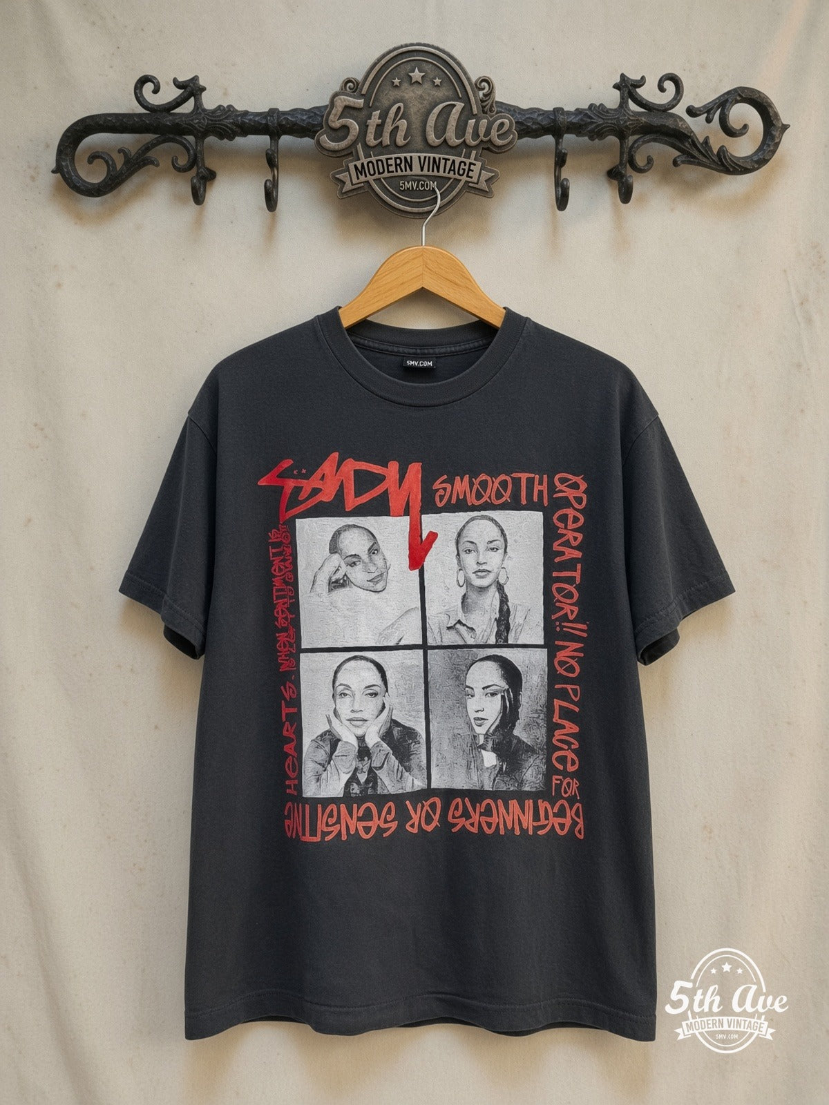 Sade – Smooth Operator Four Portrait Grid Black – Vintage Graphic Tee — front on locked cream ornate 5th Ave rack