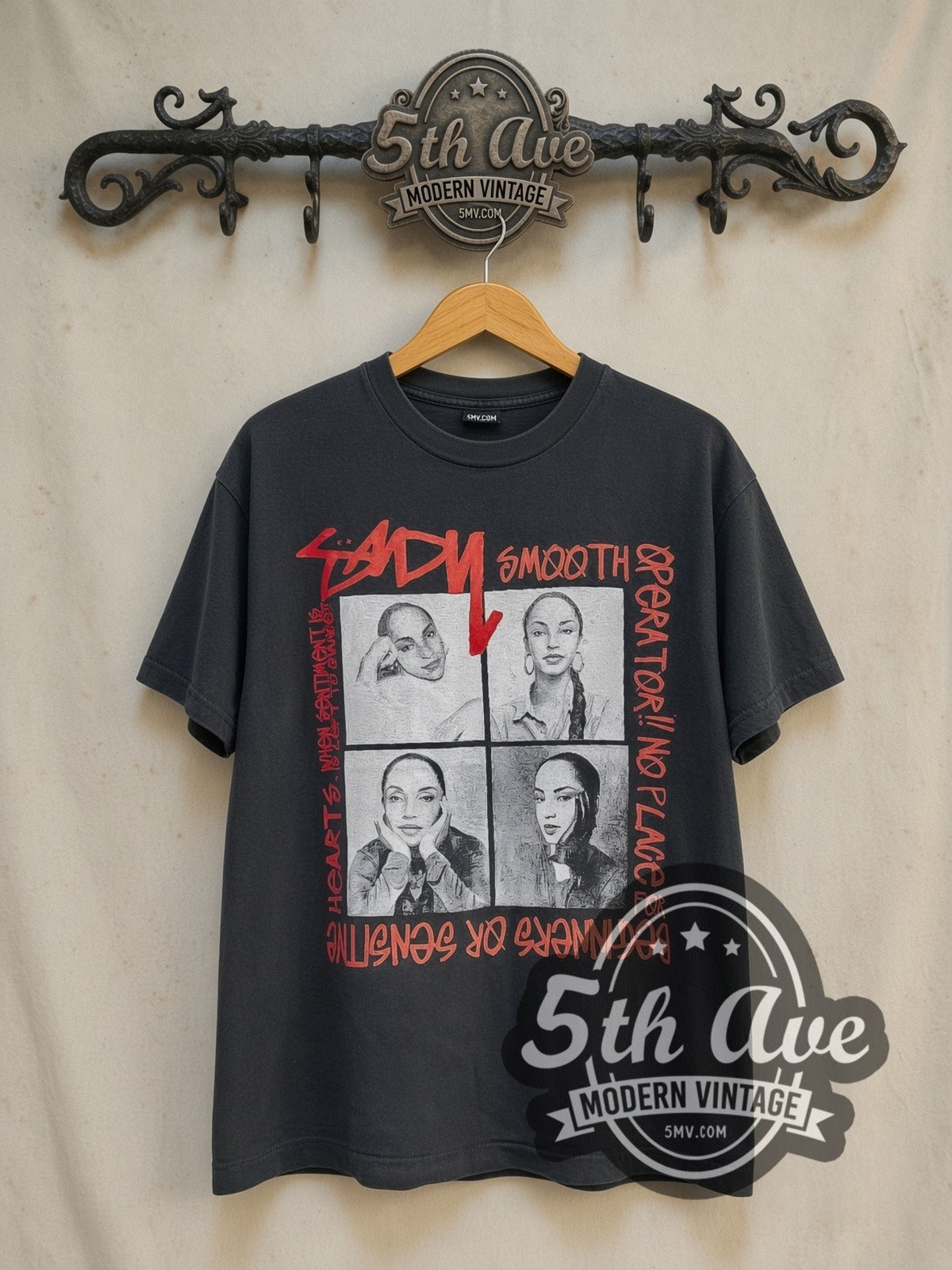 Sade Smooth Operator Four Portrait Grid vintage band tee in black, front view on a display rack