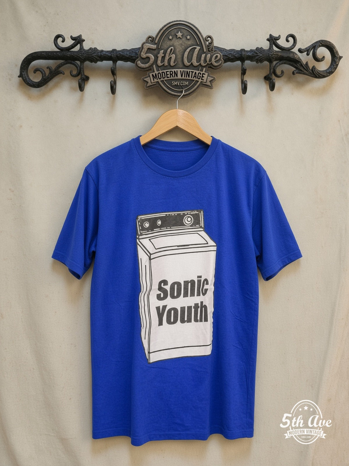 Sonic Youth – Washing Machine – Vintage Band T-Shirt — front on locked cream ornate 5th Ave rack