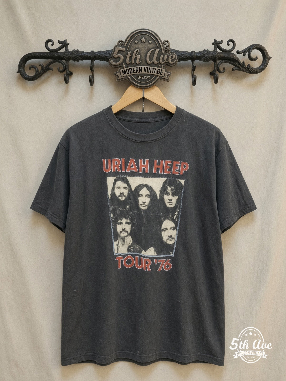 Uriah Heep – Vintage Band T-Shirt — front on locked cream ornate 5th Ave rack