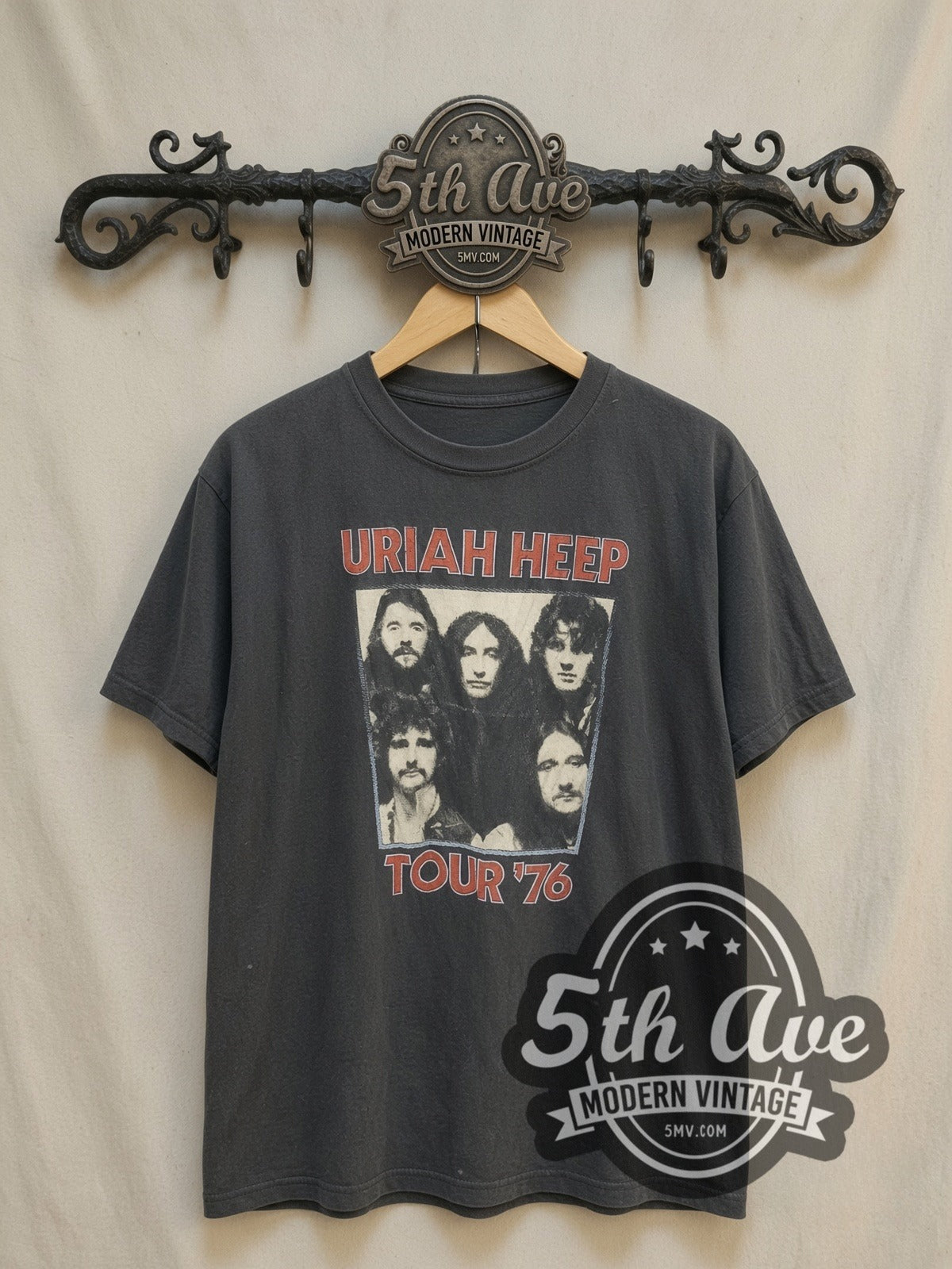 Uriah Heep vintage band t-shirt, front view on a display rack