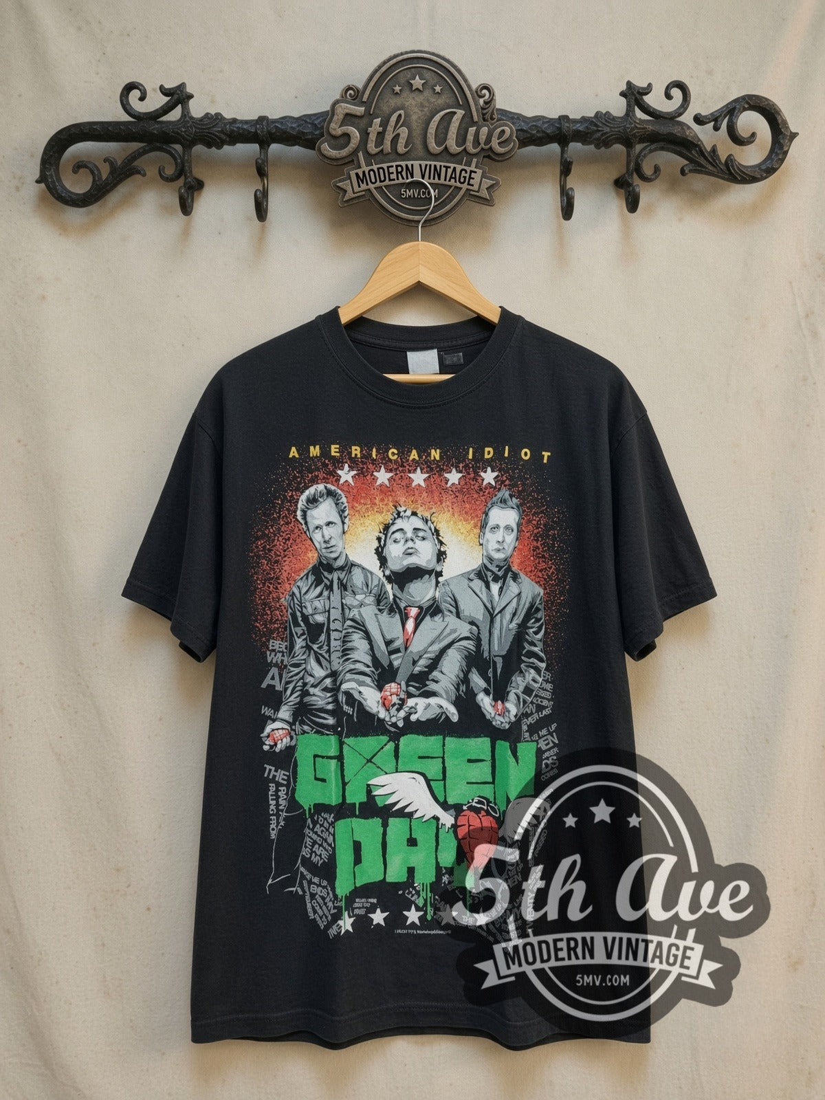 Green Day American Idiot Band Trio Heart Grenade vintage band t-shirt, front view on the 5MV rack