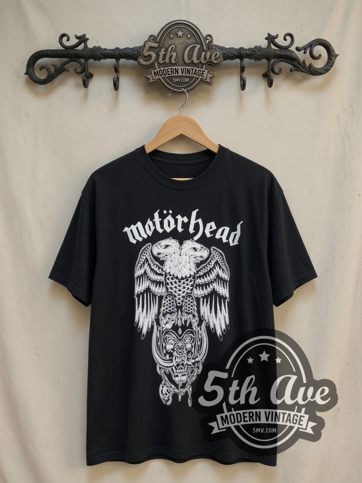 Motörhead Two-Headed Eagle Snaggletooth vintage band t-shirt, front view on a display rack