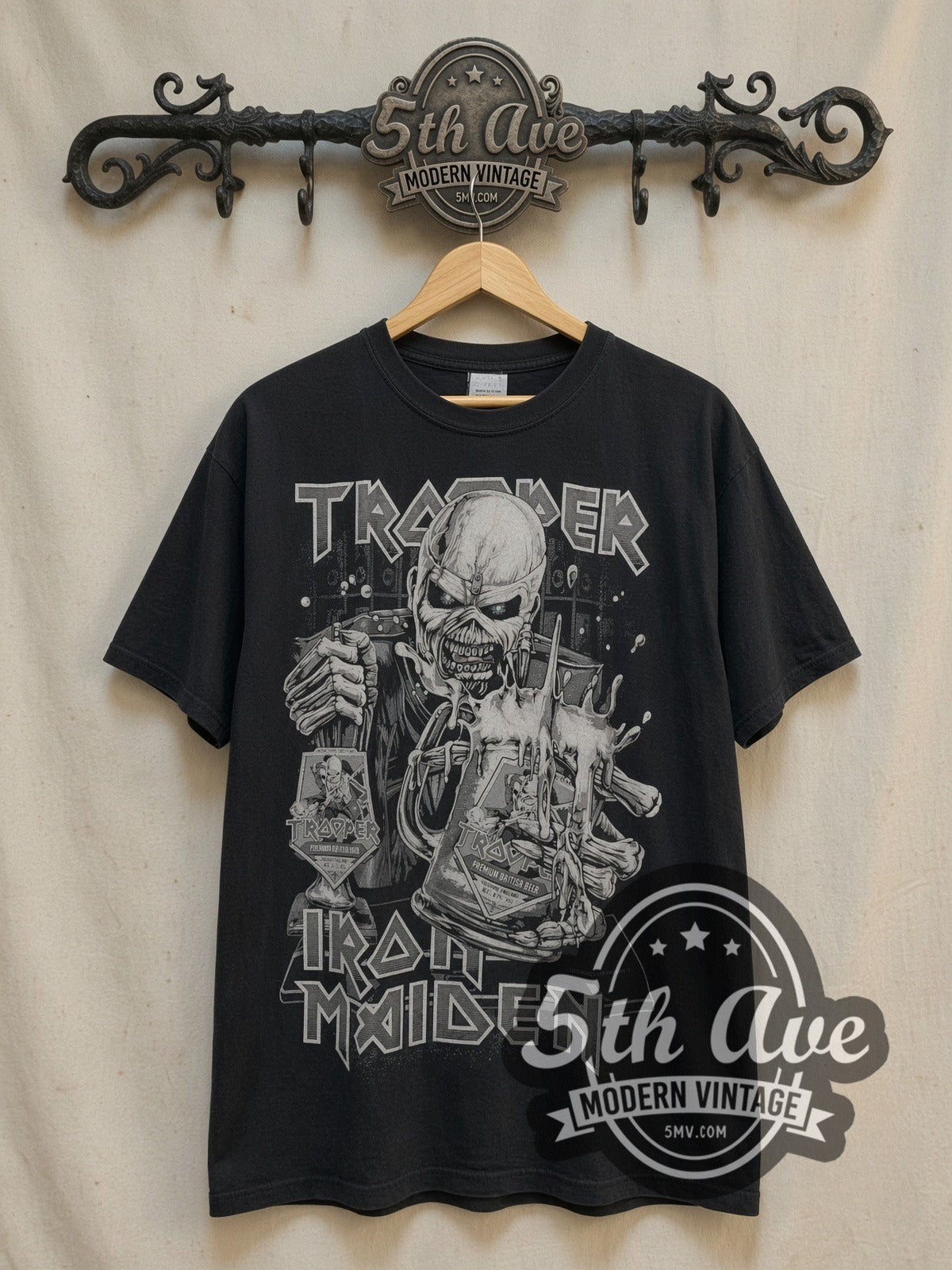 Iron Maiden Eddie Trooper Premium Beer Mug vintage band t-shirt, front view on a display rack