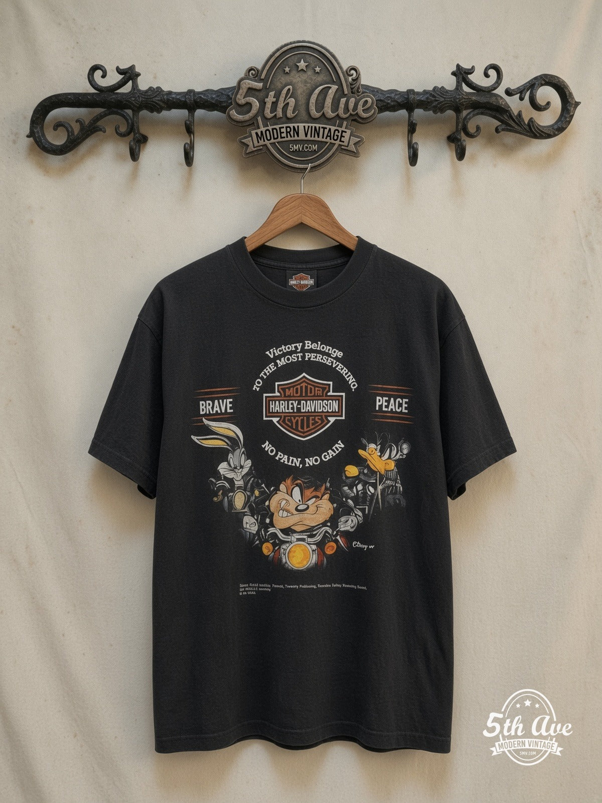 Taz Bugs Harley-Davidson T-Shirt — front on locked cream ornate 5th Ave rack