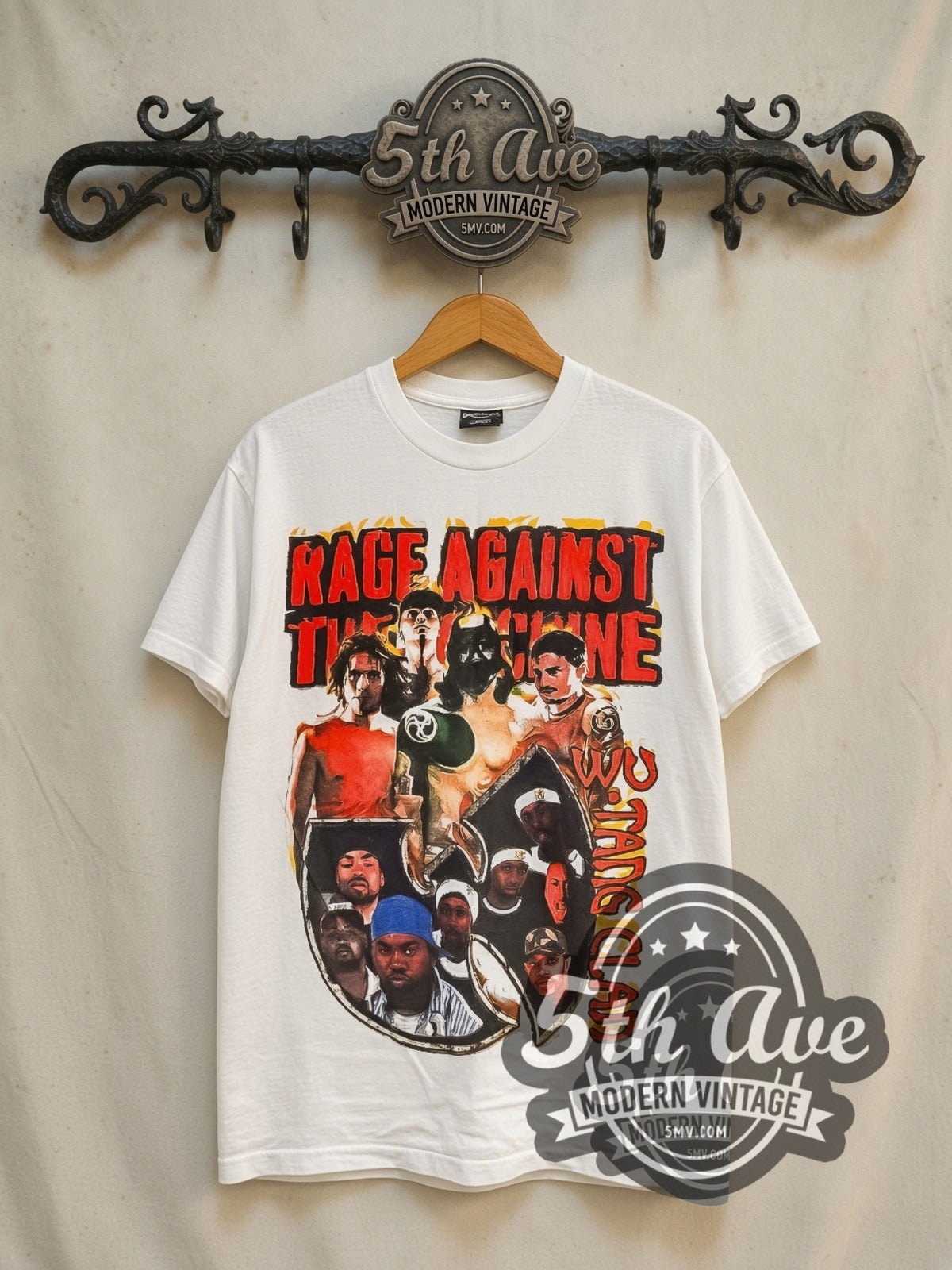 Rage Against the Machine x Wu-Tang Clan Tour 1997 vintage band t-shirt in white, front view on a display rack