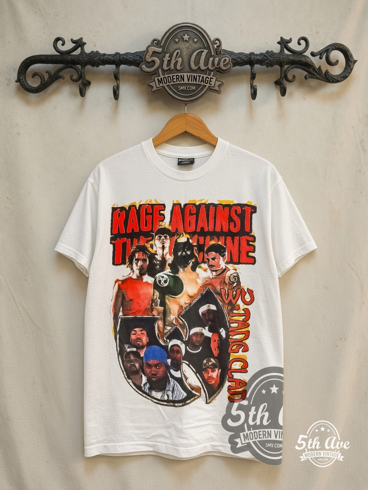 Rage Against the Machine x Wu-Tang Clan – Tour 1997 – Vintage Band T-Shirt — front on locked cream ornate 5th Ave rack