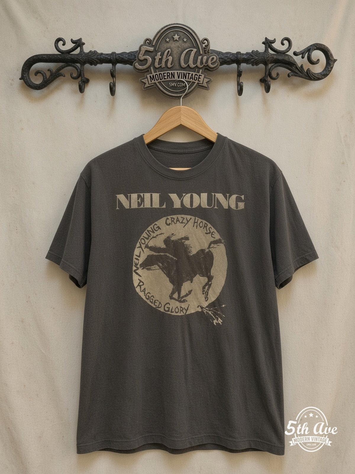 Neil Young – Ragged Glory Crazy Horse Circle – Vintage Band T-Shirt — front on locked cream ornate 5th Ave rack