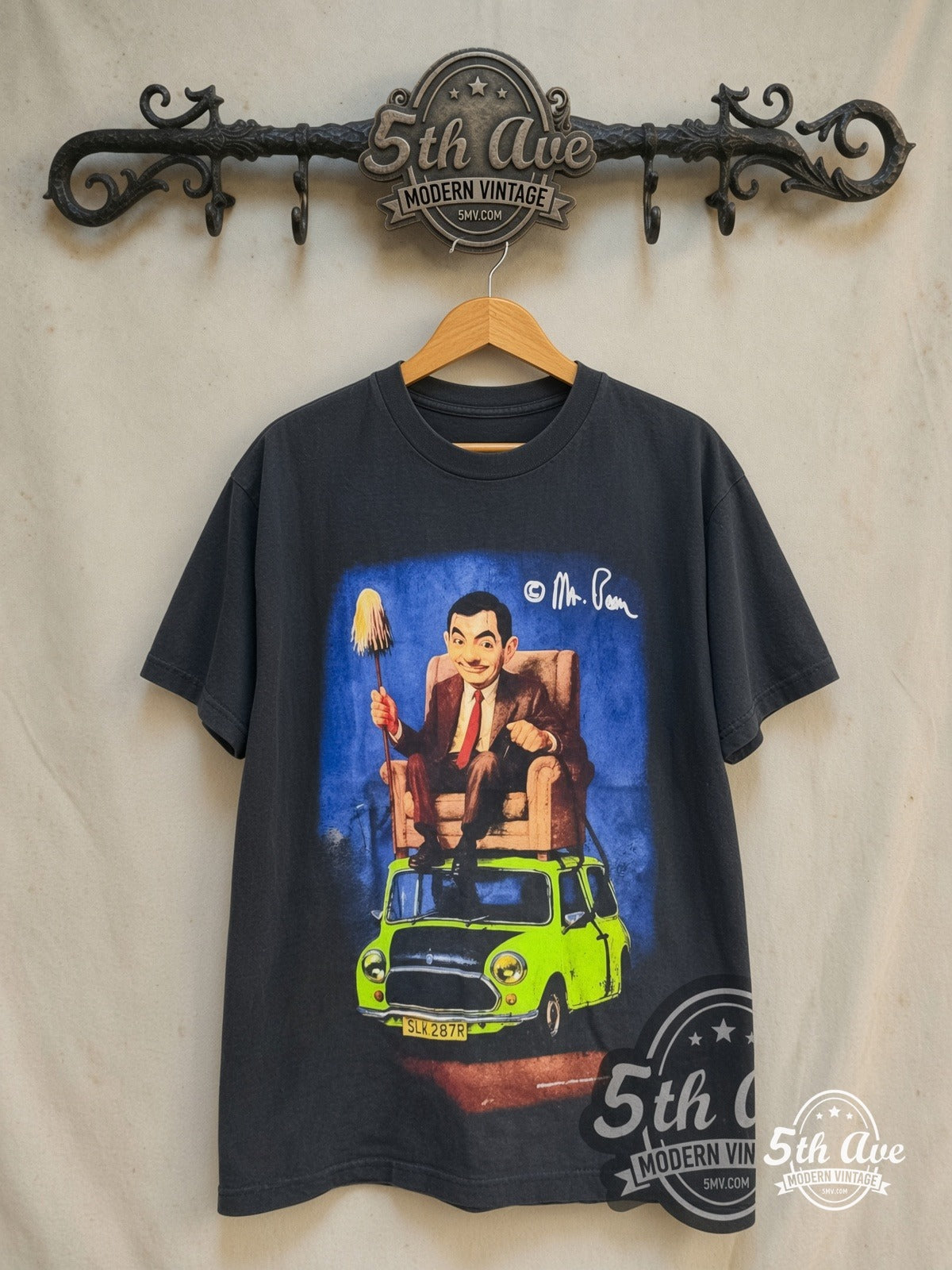 Mr. Bean – On the Green Car – Vintage Movie Tee — front on locked cream ornate 5th Ave rack