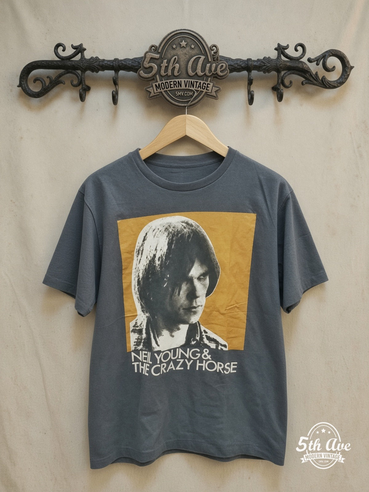 Neil Young – and Crazy Horse Color Portrait – Vintage Band T-Shirt — front on locked cream ornate 5th Ave rack