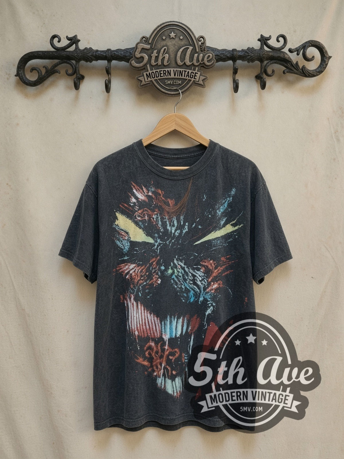 Spawn Overprint vintage cartoon tee, front view on a display rack