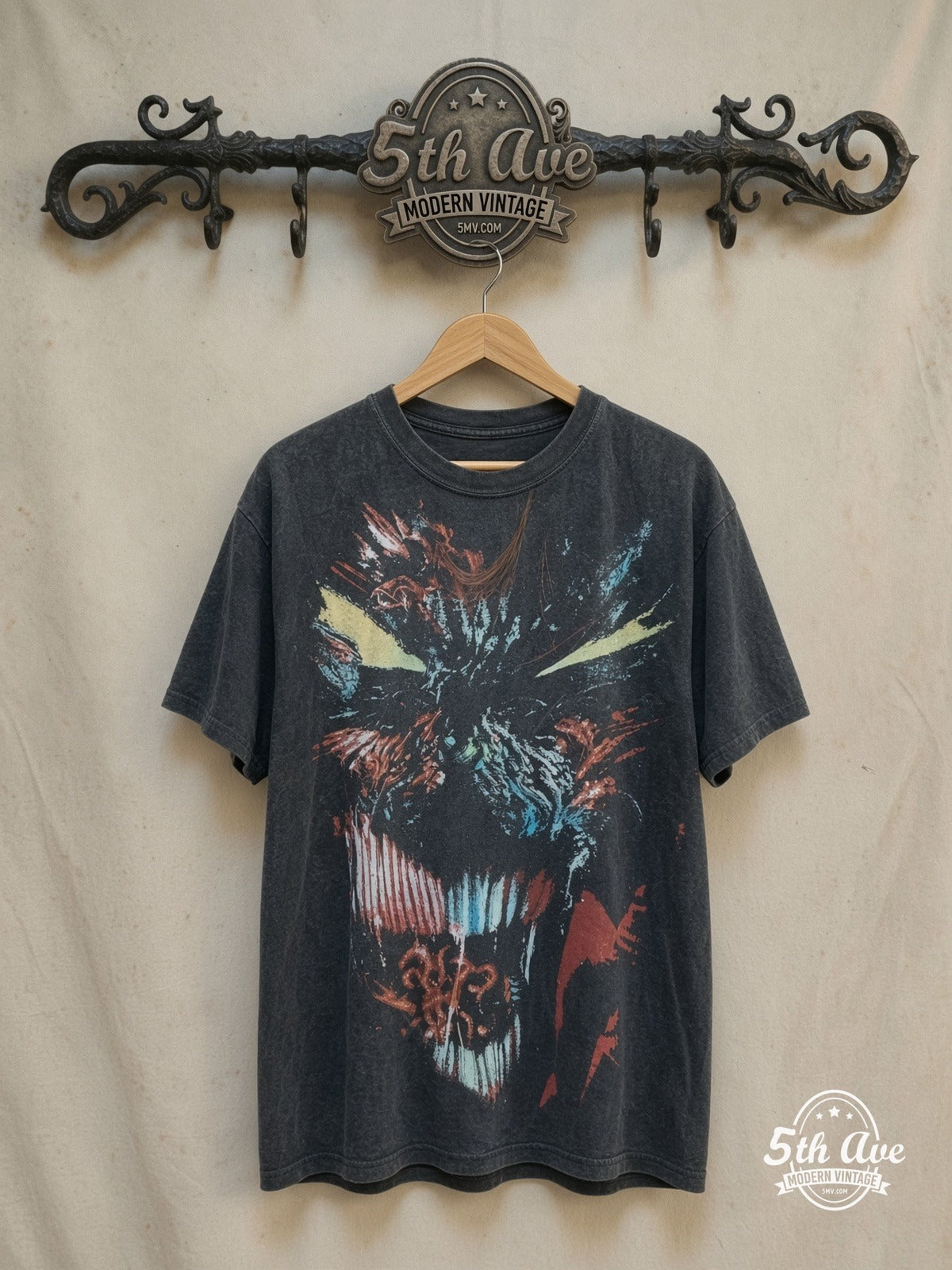 Spawn – Overprint – New Vintage Graphic Tee — front on locked cream ornate 5th Ave rack