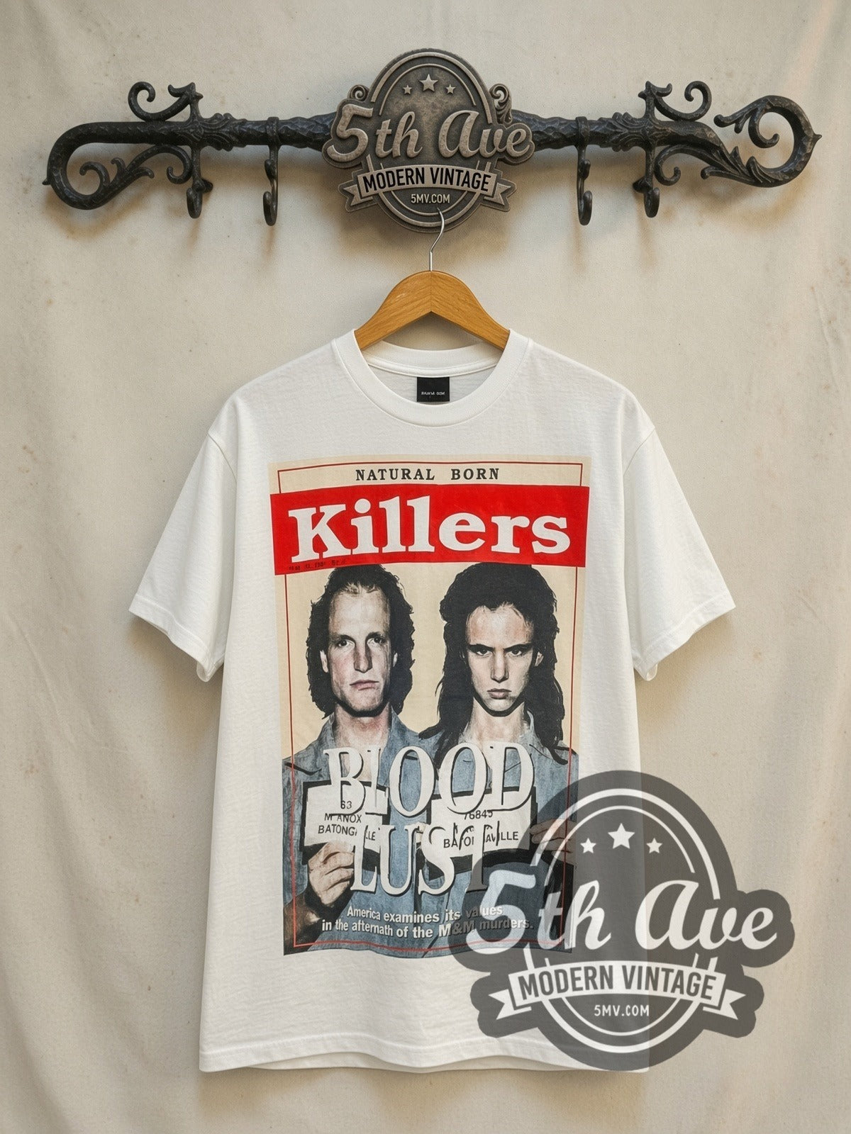 Natural Born Killers Blood Lust Soundtrack vintage movie t-shirt, front view on a display rack
