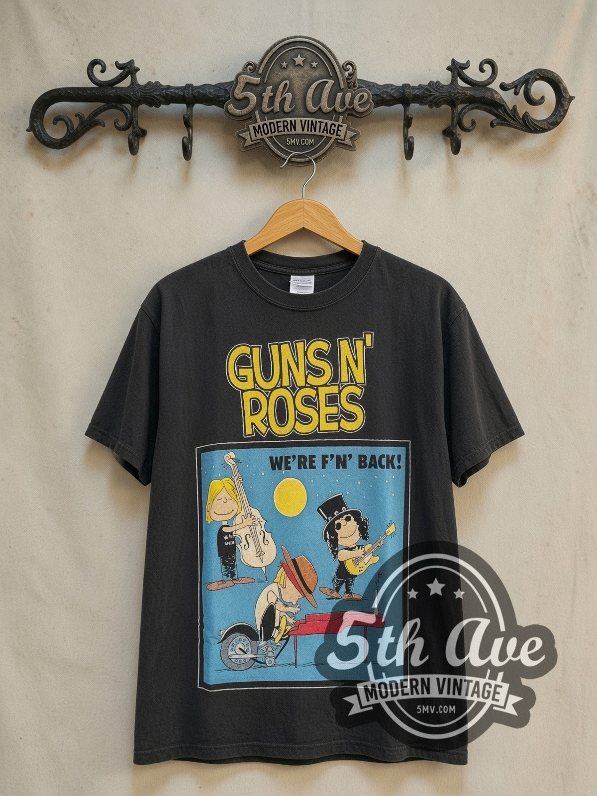 Peanuts Guns N' Roses x Snoopy WE'RE F'N BACK! vintage cartoon tee in black, front view on the 5MV rack