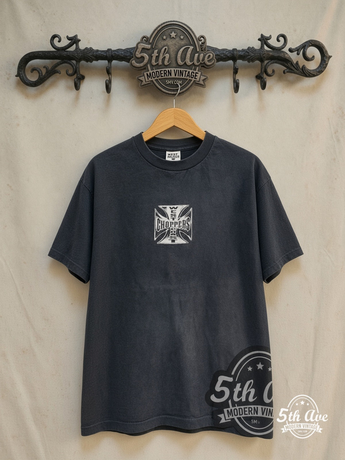 West Coast Choppers – Long Beach Purple Hot Rod Iron Cross – Vintage Graphic Tee — front on locked cream ornate 5th Ave rack