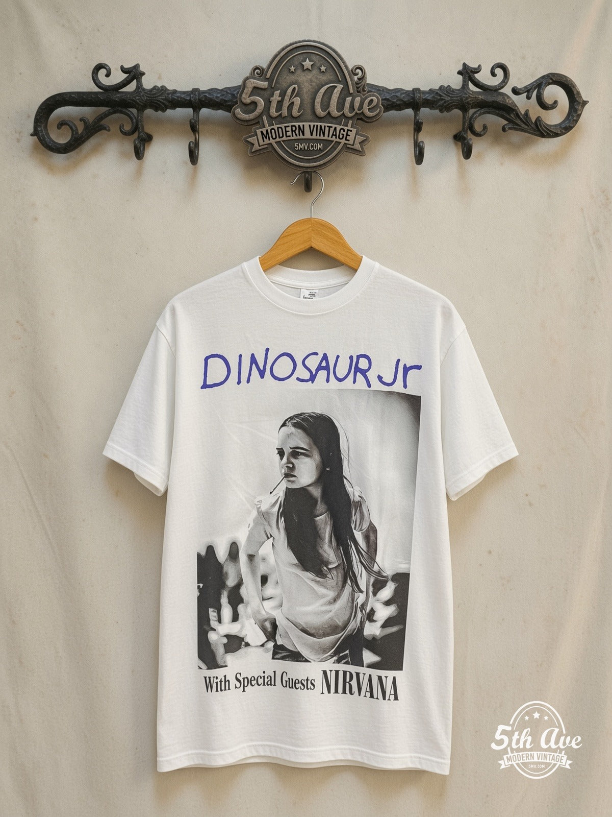 Dinosaur Jr. 'With Special Guests NIRVANA' - Vintage Reprint Band T-Shirt — front on locked cream ornate 5th Ave rack