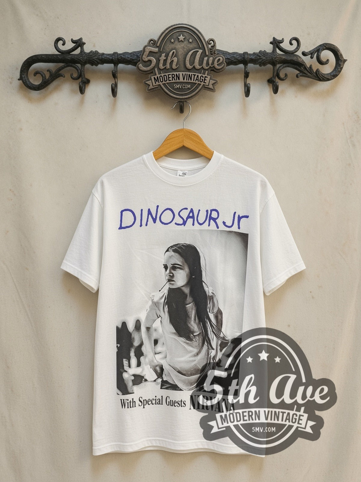 Dinosaur Jr. 'With Special Guests NIRVANA' vintage band t-shirt in white, front view on the 5MV rack