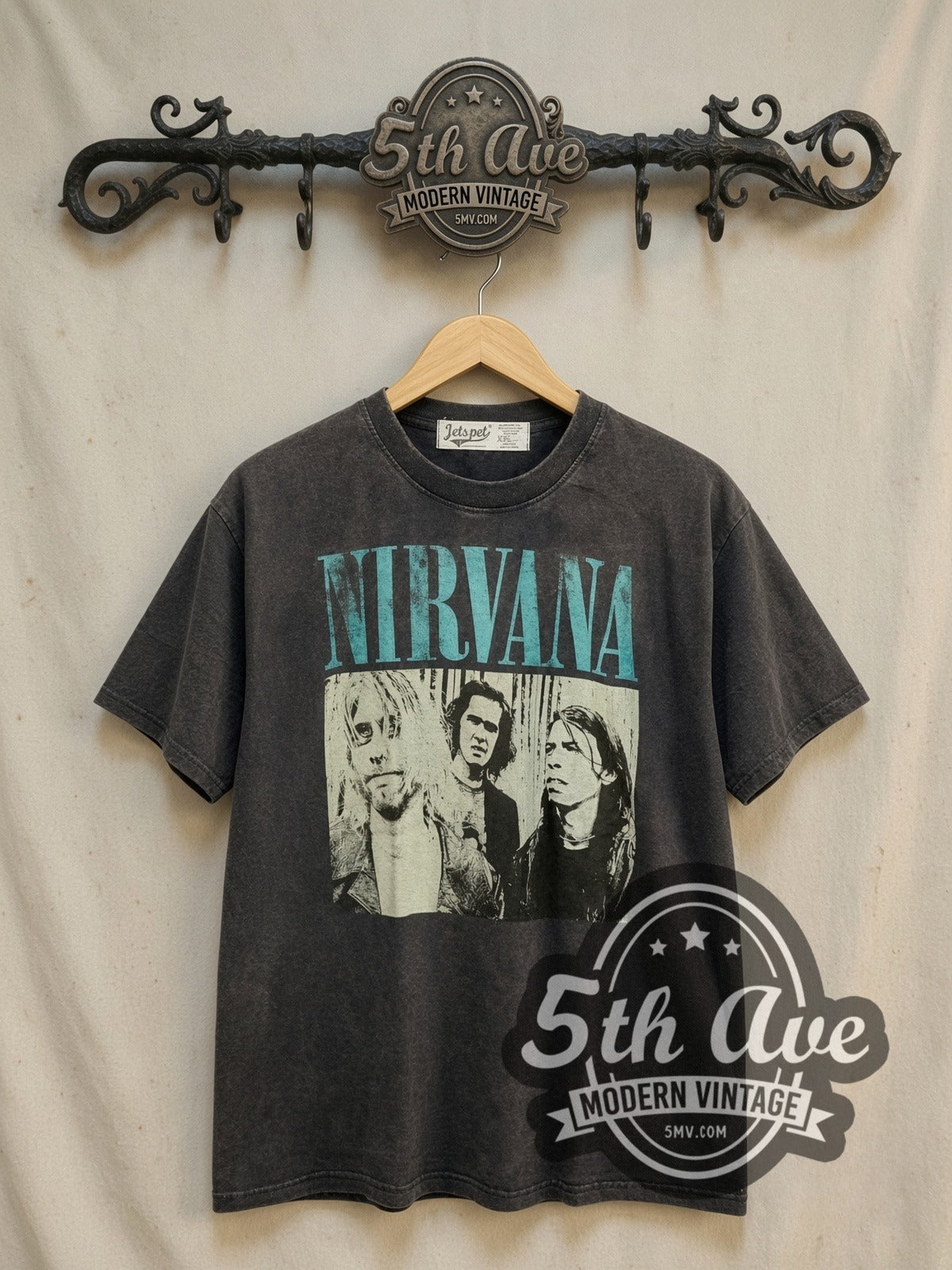 Nirvana Teal Logo Band Trio Photo vintage band t-shirt, front view on the 5MV rack