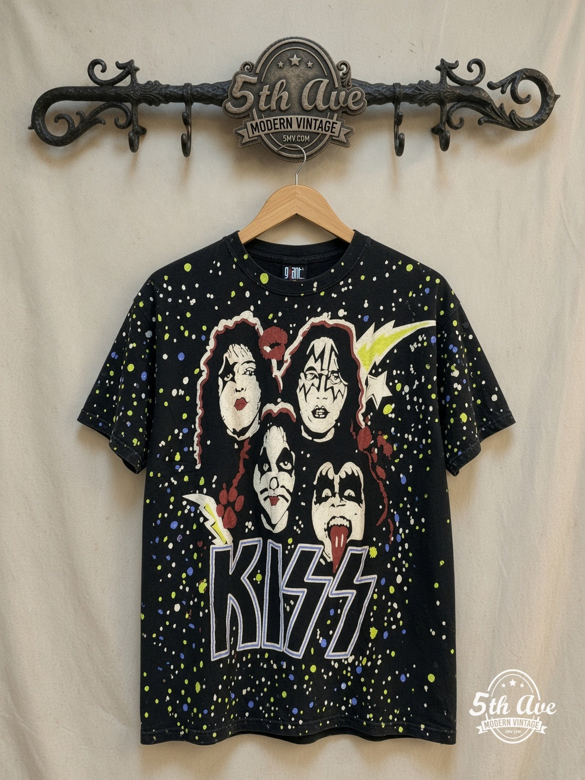 KISS – All Over Print T-Shirt – Vintage Band T-Shirt — front on locked cream ornate 5th Ave rack