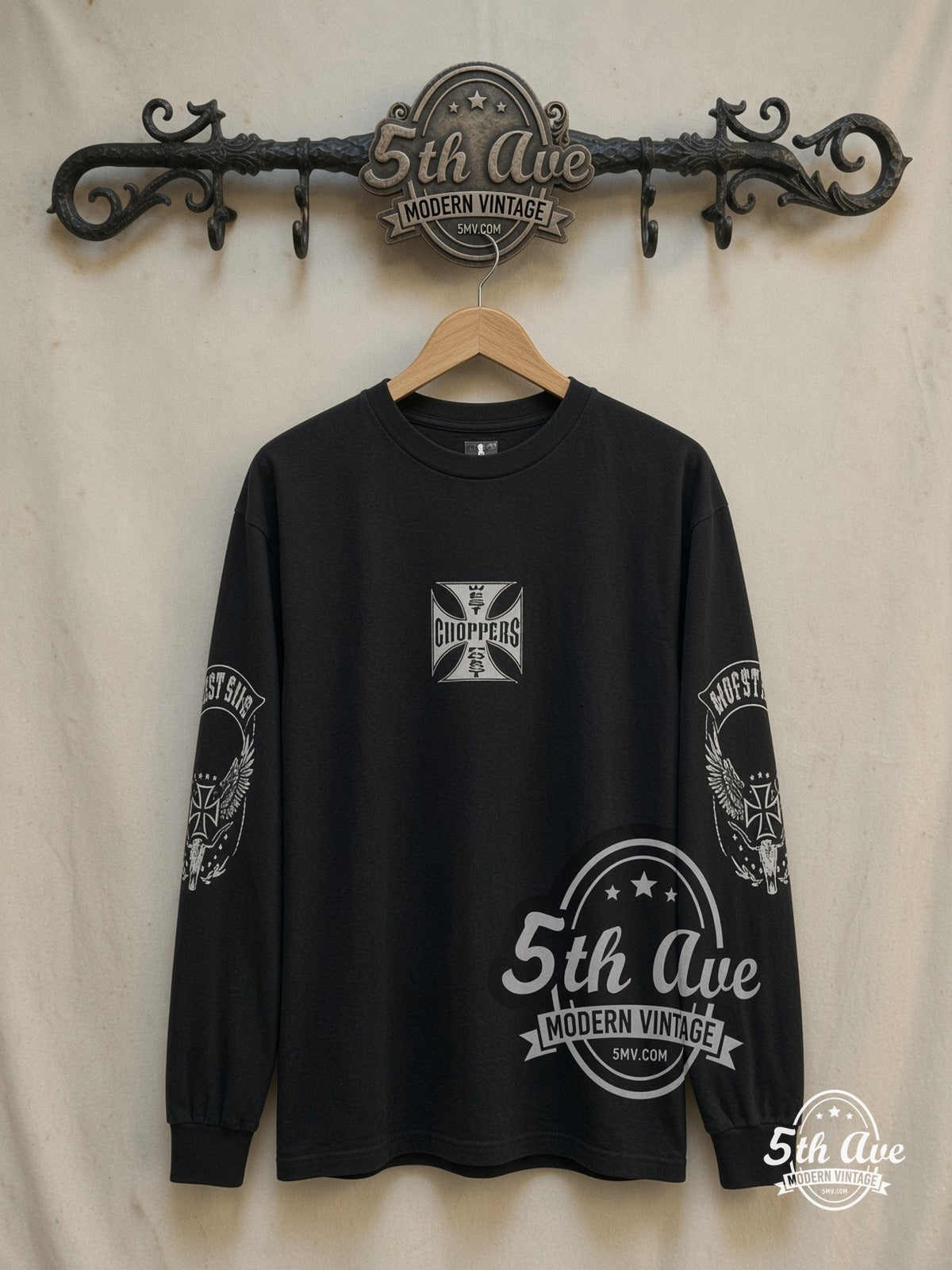 West Coast Choppers Spiderweb Iron Cross West Side long sleeve t-shirt, front view on a display rack