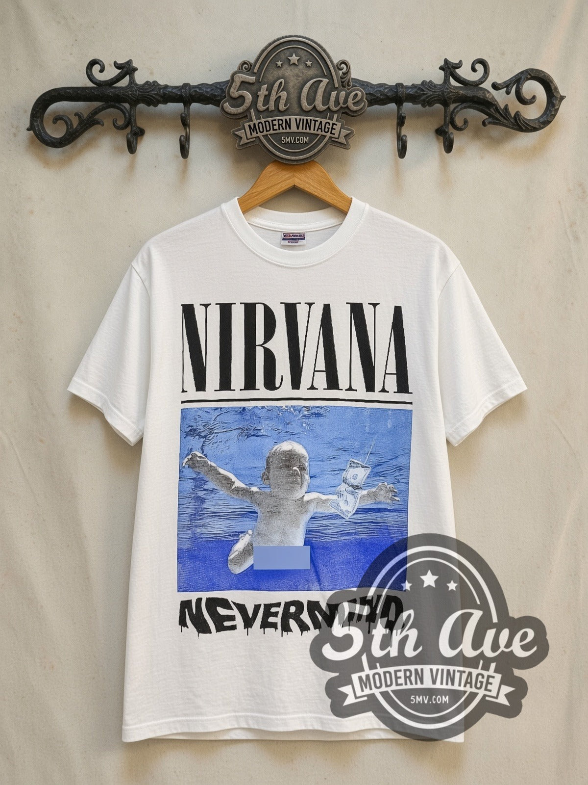 Nirvana Nevermind Smiley vintage band t-shirt in white, front view on the 5MV rack