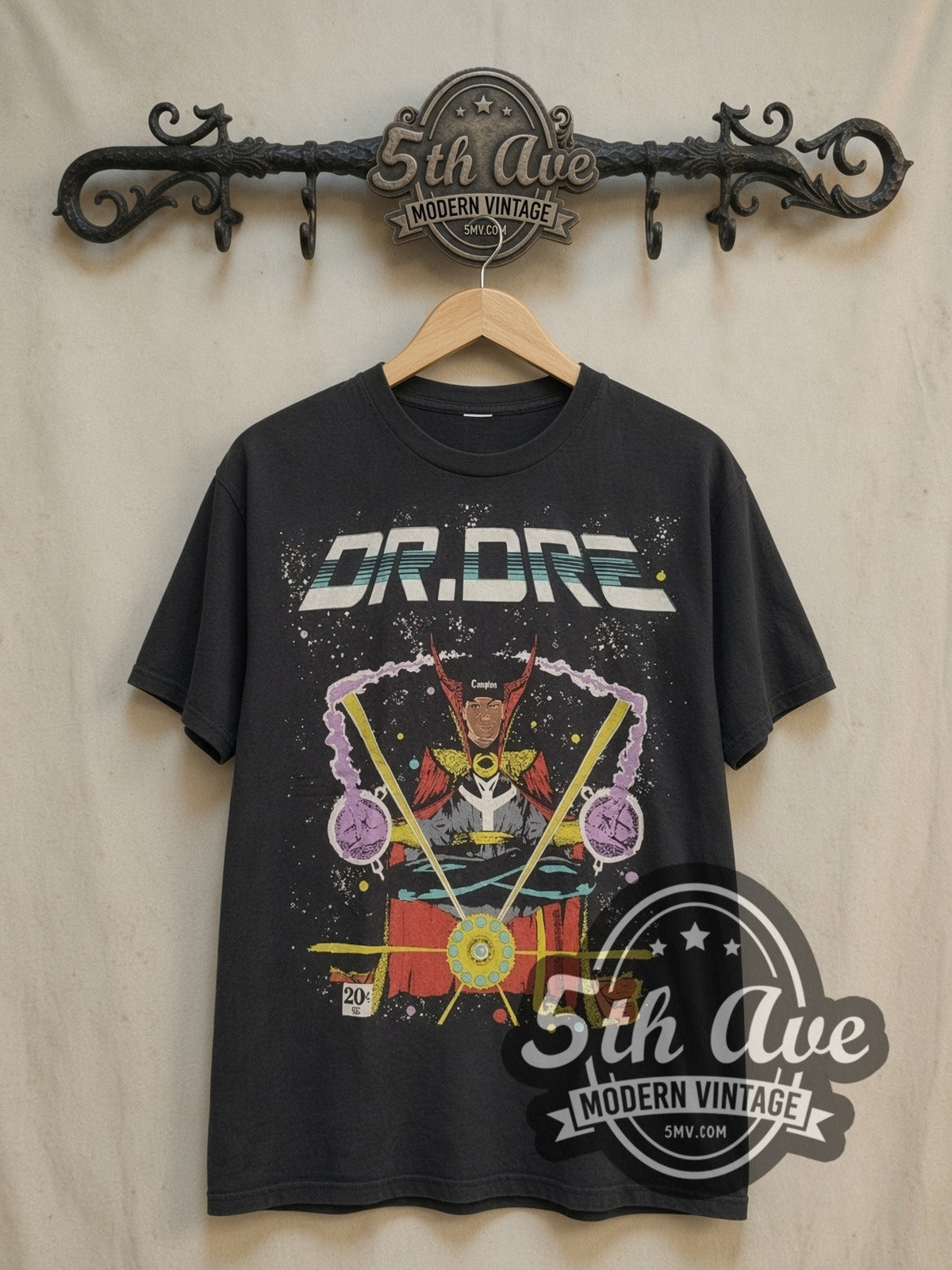 Dr. Dre Comic-Style Portrait vintage rap tee, front view on the 5MV rack
