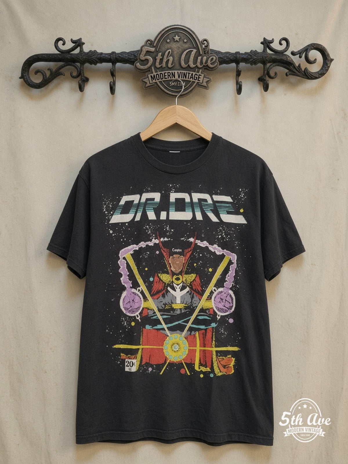 Dr. Dre – Comic-Style Portrait – Vintage Band T-Shirt — front on locked cream ornate 5th Ave rack