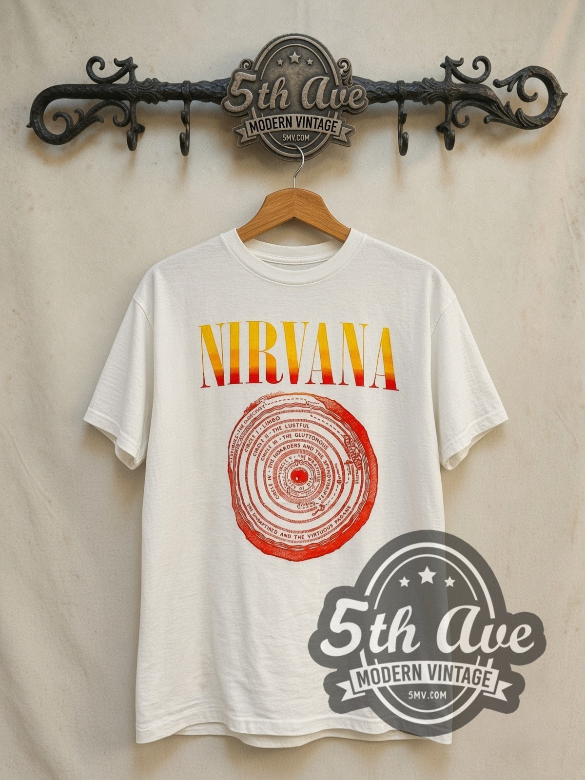 Nirvana Circles of Hell Yellow Logo White vintage band t-shirt in white, front view on a display rack
