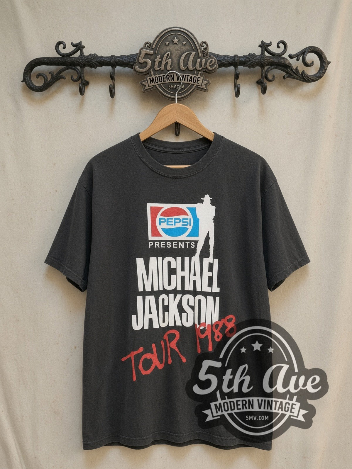 Michael Jackson 1988 Pepsi World Tour vintage band t-shirt, front view on a display rack